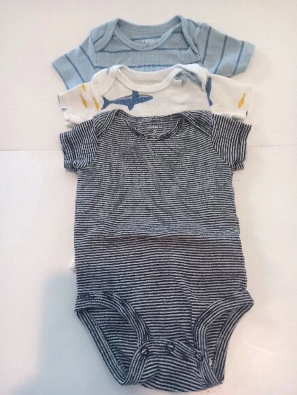 3 Carter's 1-Piece Outfits - Navy Striped, White W/Whales and Light Blue Striped